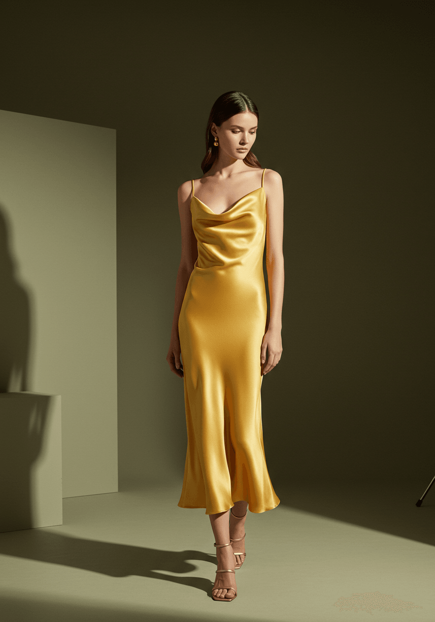 Model in cowl neck dress against architectural backdrop highlighting clean lines
