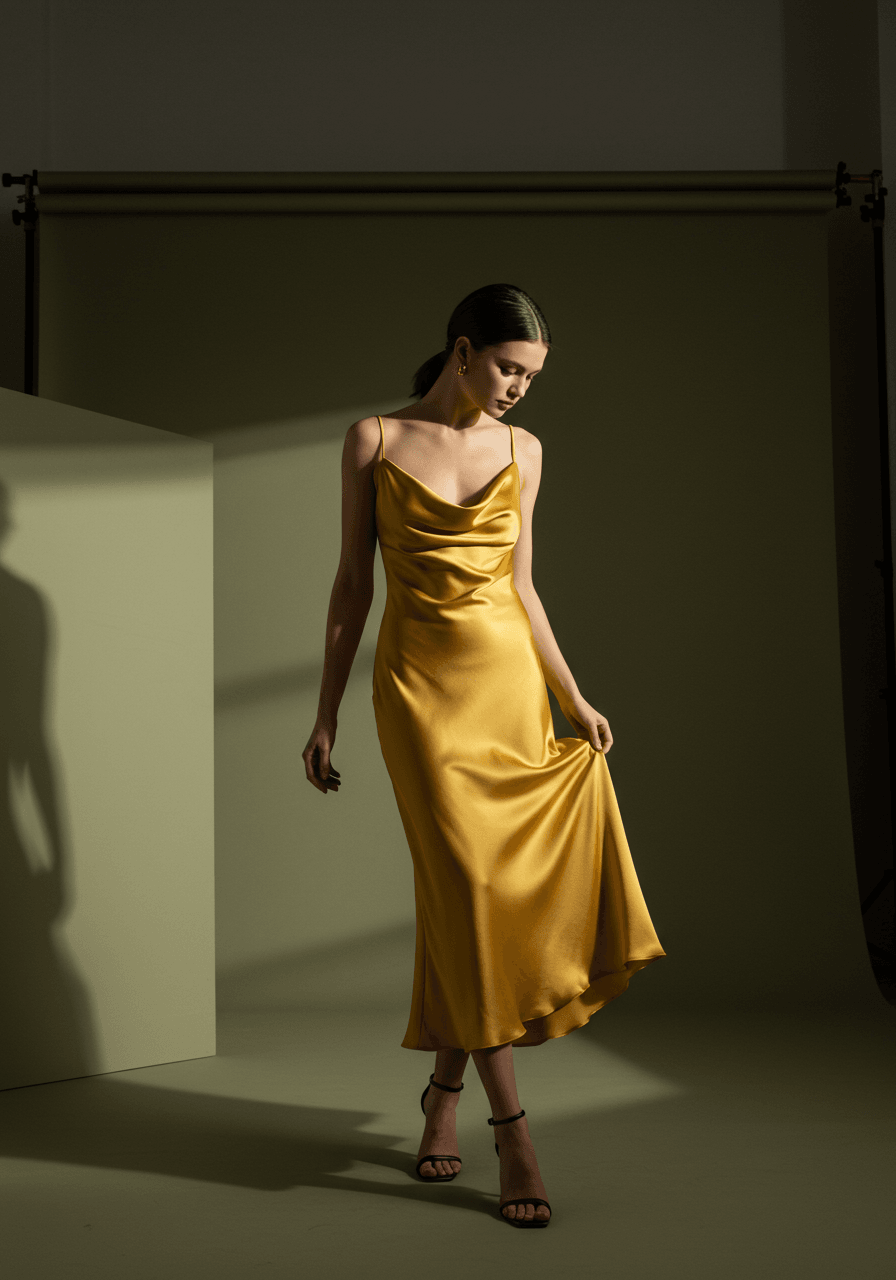 Wide angle shot of golden cowl dress showcasing full silhouette