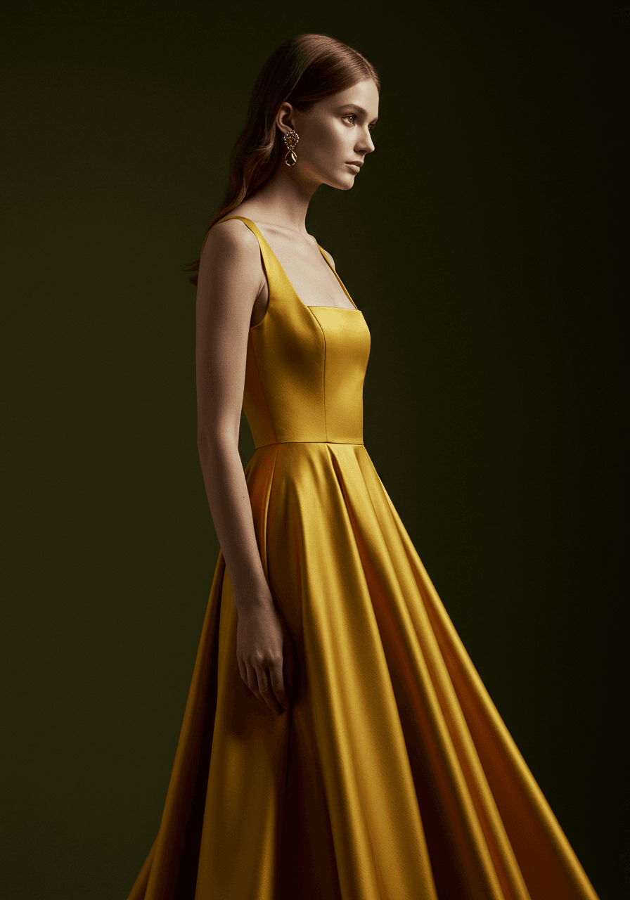 Three-quarter view of square neck gown showing architectural neckline detail