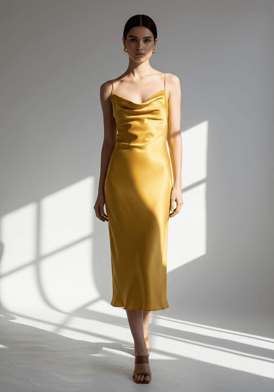 Standing model wearing golden silk cowl neck slip dress in studio lighting