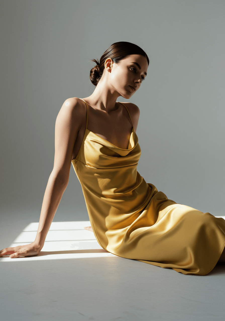 Seated model in golden yellow cowl neck dress showing elegant draping
