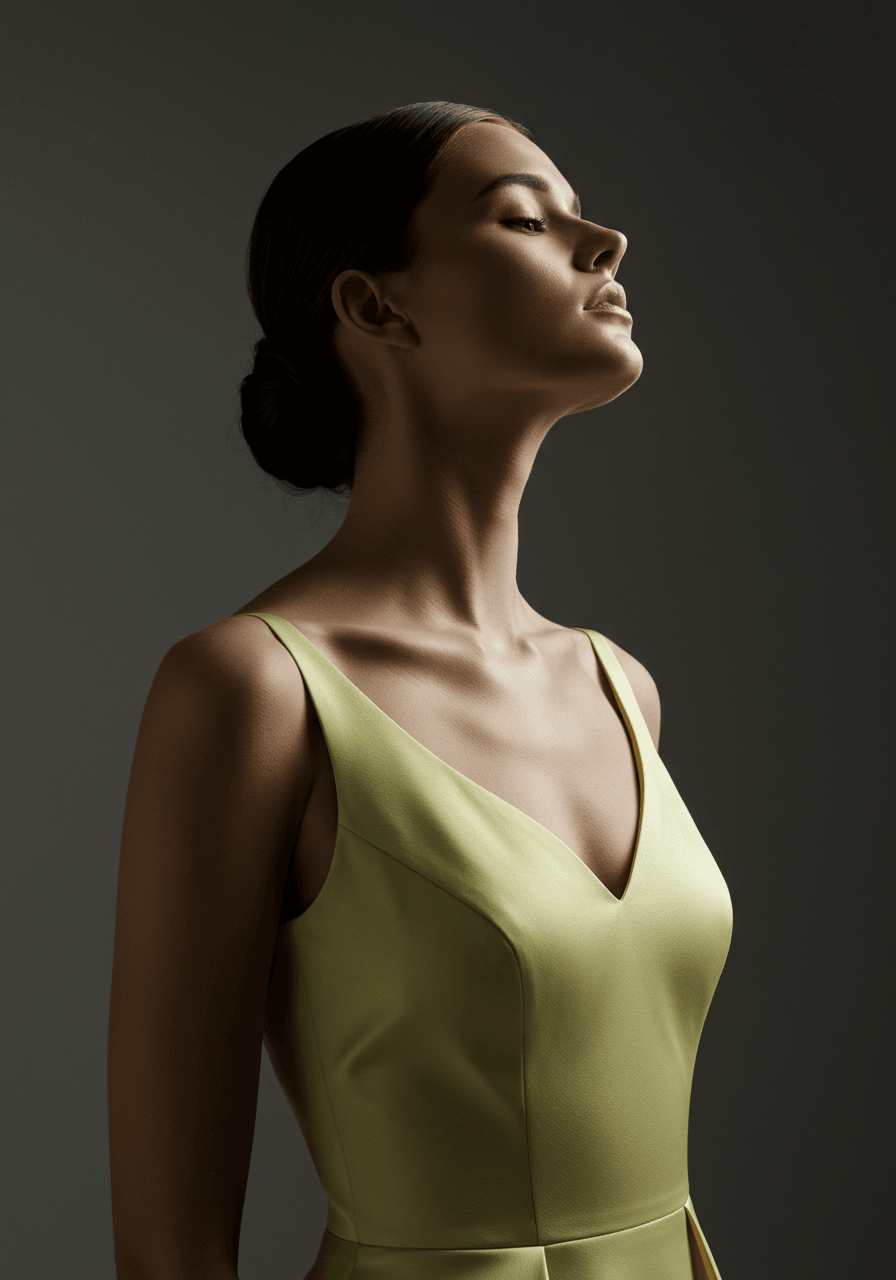 Portrait view of light lemon A-line gown showing serene elegance