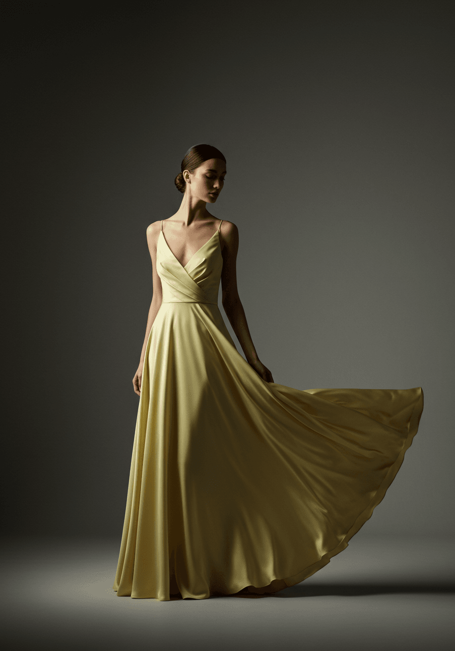 Model in graceful light lemon silk A-line bridesmaid gown