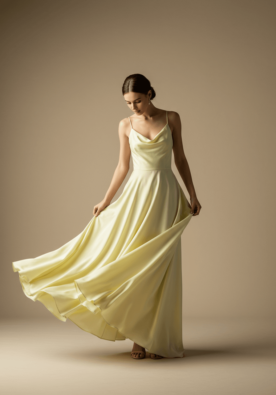 Wide shot of model adjusting lemon dress hem showing full graceful silhouette
