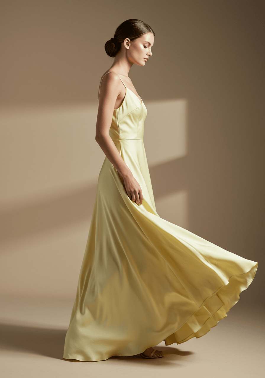 Studio pose of light lemon A-line dress showing classic silhouette