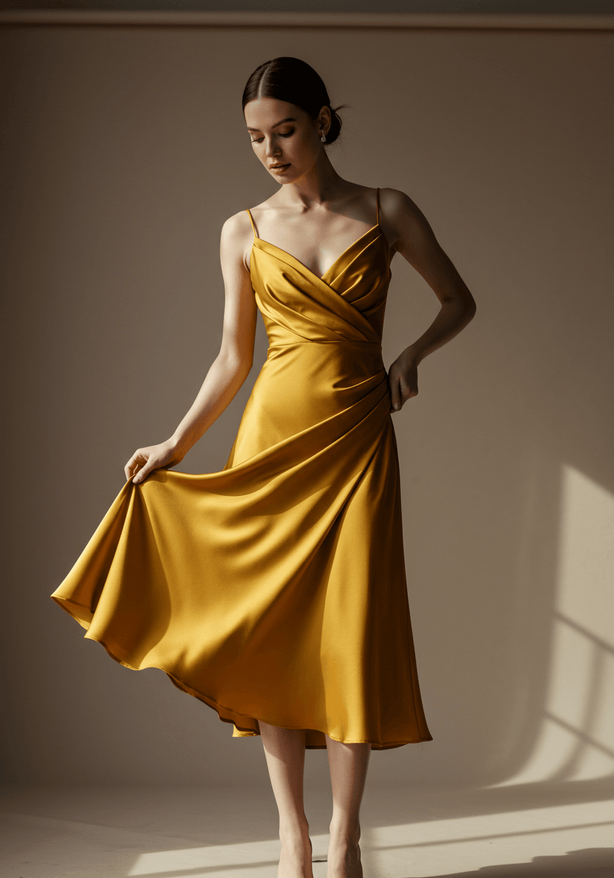 Model adjusting hemline of marigold midi dress showing movement and fit