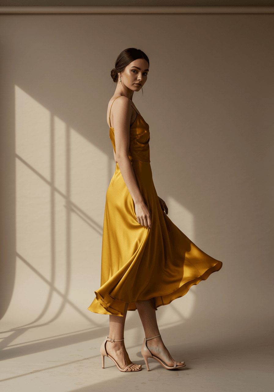 Model in vibrant marigold silk midi-length A-line bridesmaid dress