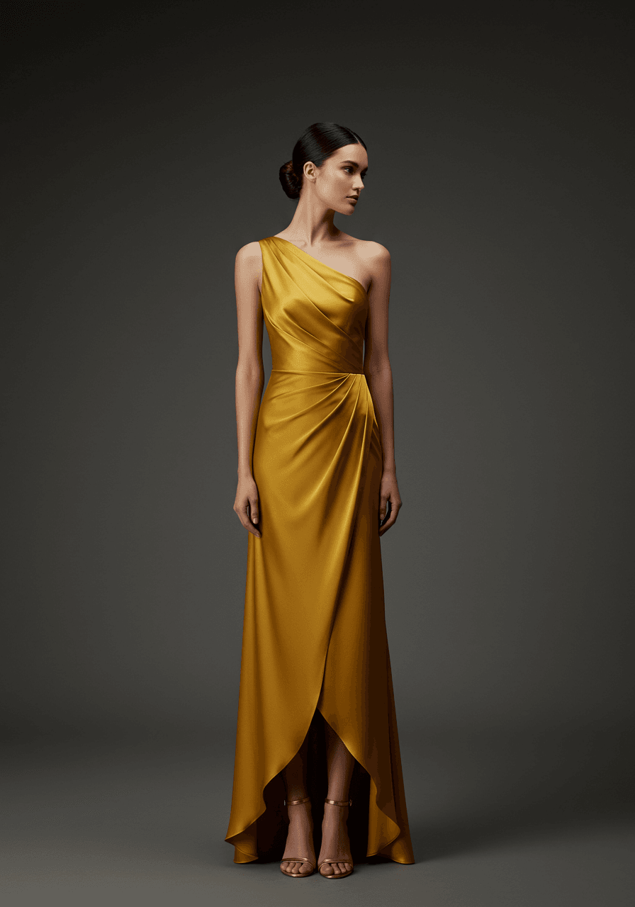 Model wearing elegant mustard silk one-shoulder bridesmaid gown