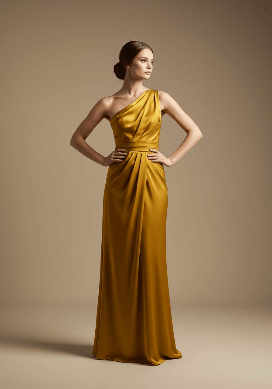 Model in mustard one-shoulder dress with hand positioned elegantly on hip