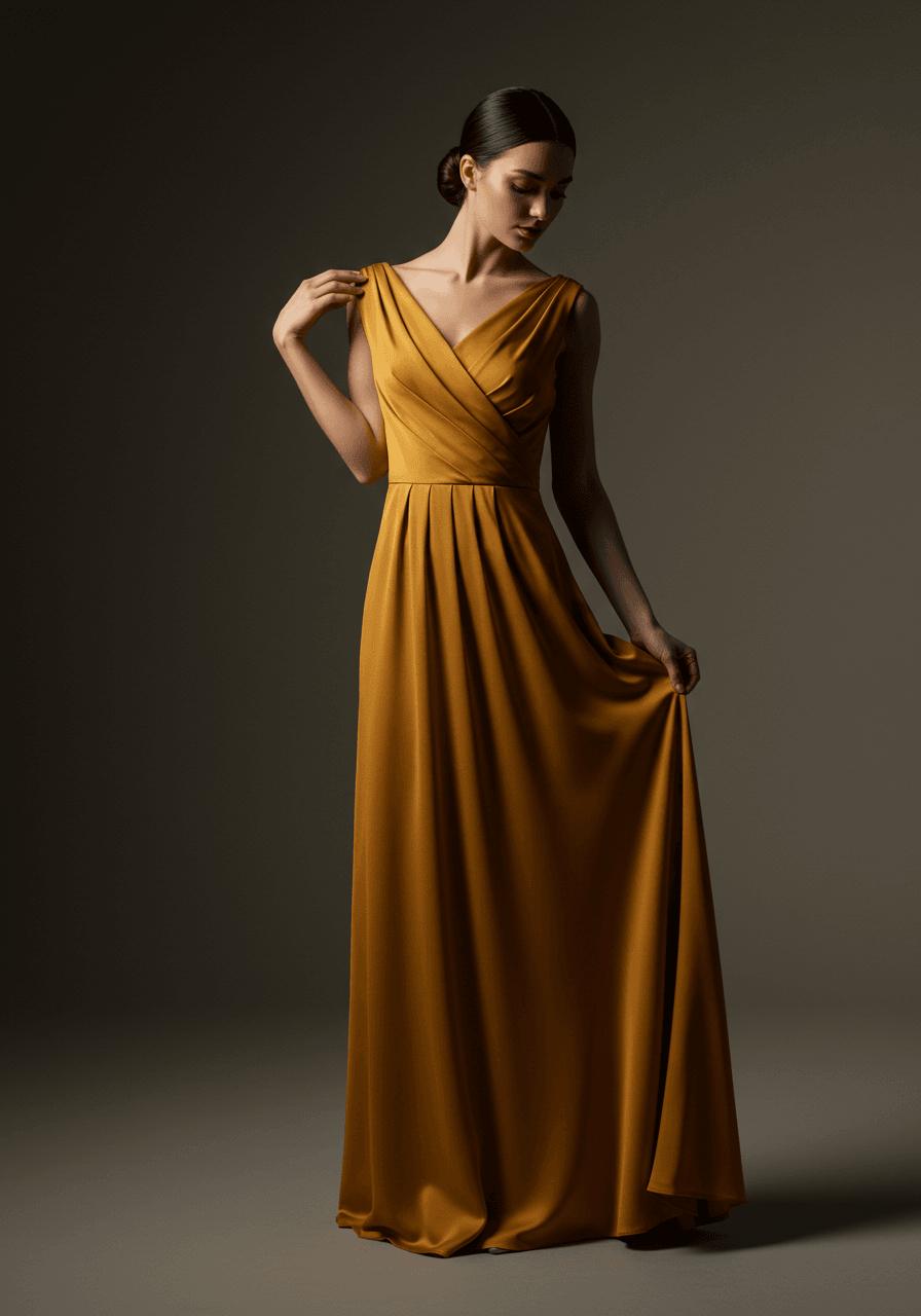 Model adjusting draped fabric detail on ochre bodice showing texture