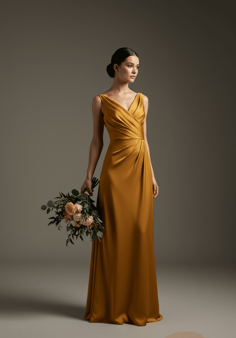 Model in ochre matte silk gown with elegantly draped bodice detail