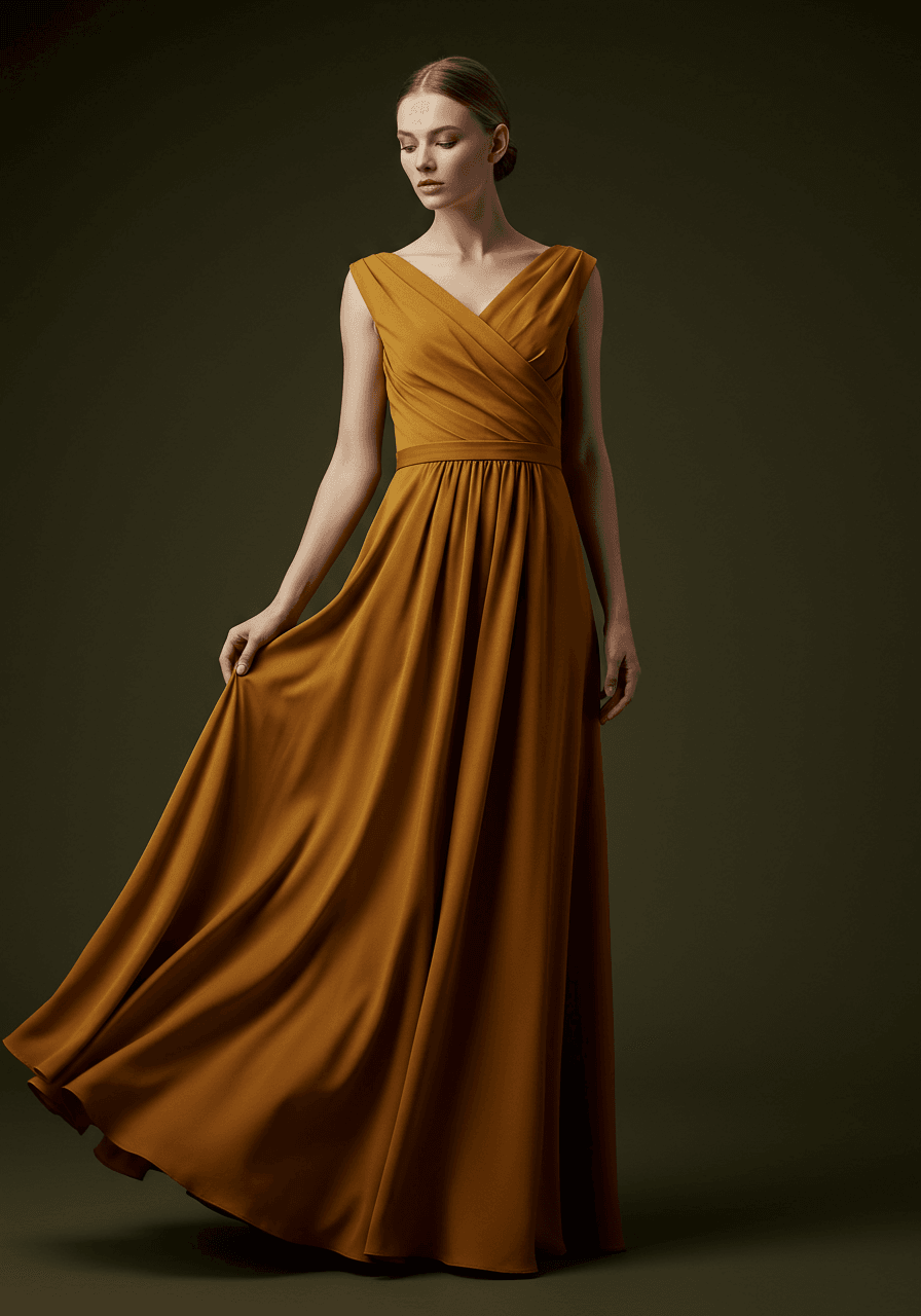 Model touching draped bodice and skirt showing matte silk texture
