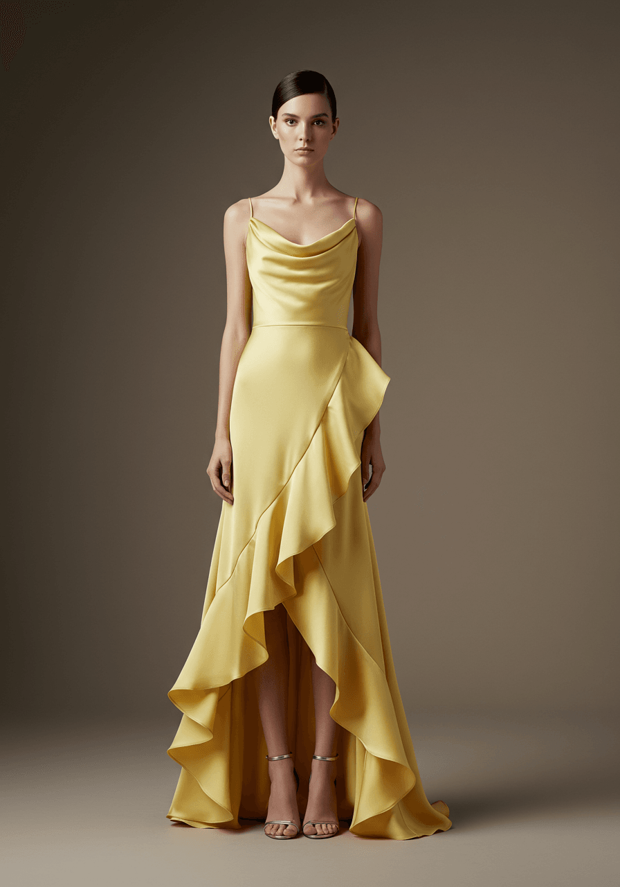 Full view of asymmetrical ruffle hemline gown showing dramatic silhouette