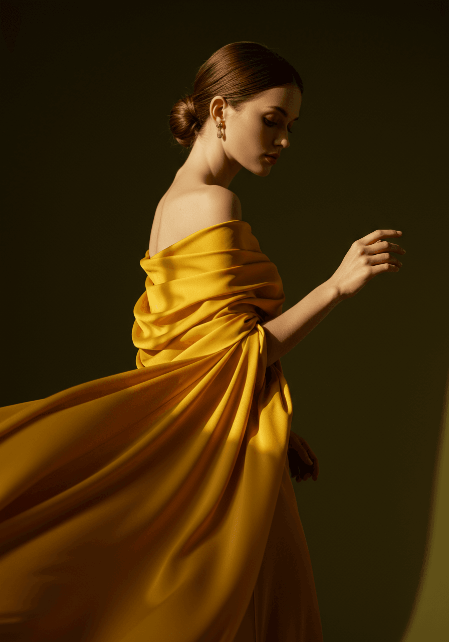 Model gracefully touching off-shoulder gown showing elegant pose