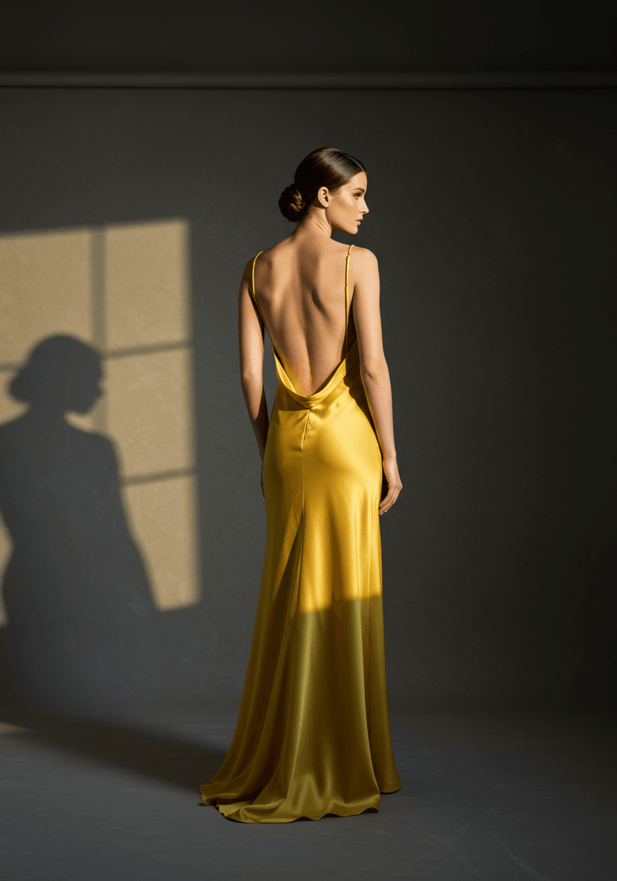 Back view of yellow silk gown showcasing open-back design with spaghetti straps