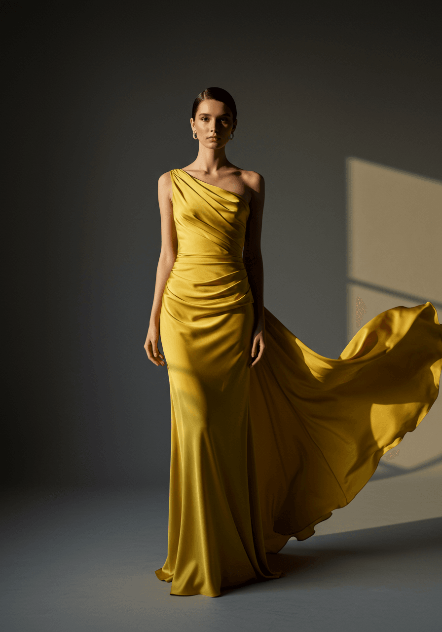 Model wearing yellow silk column gown with beautifully ruched bodice detail