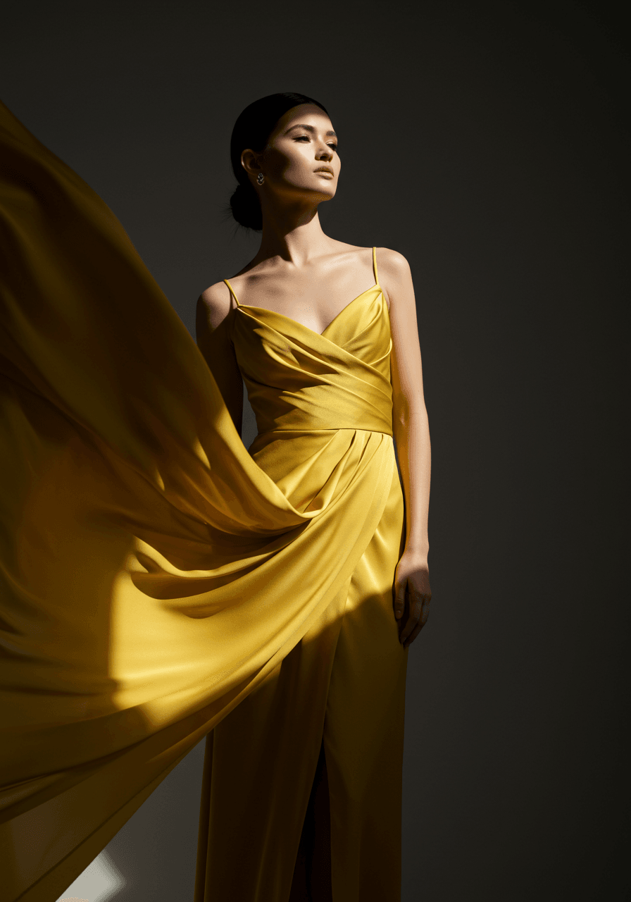 Portrait shot showcasing ruched bodice texture and elegant neckline