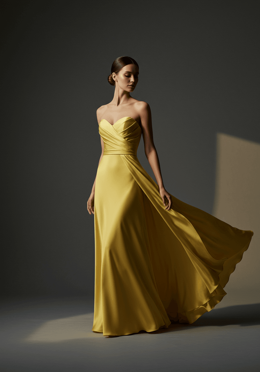 Model in strapless yellow silk gown with sweetheart neckline in golden lighting