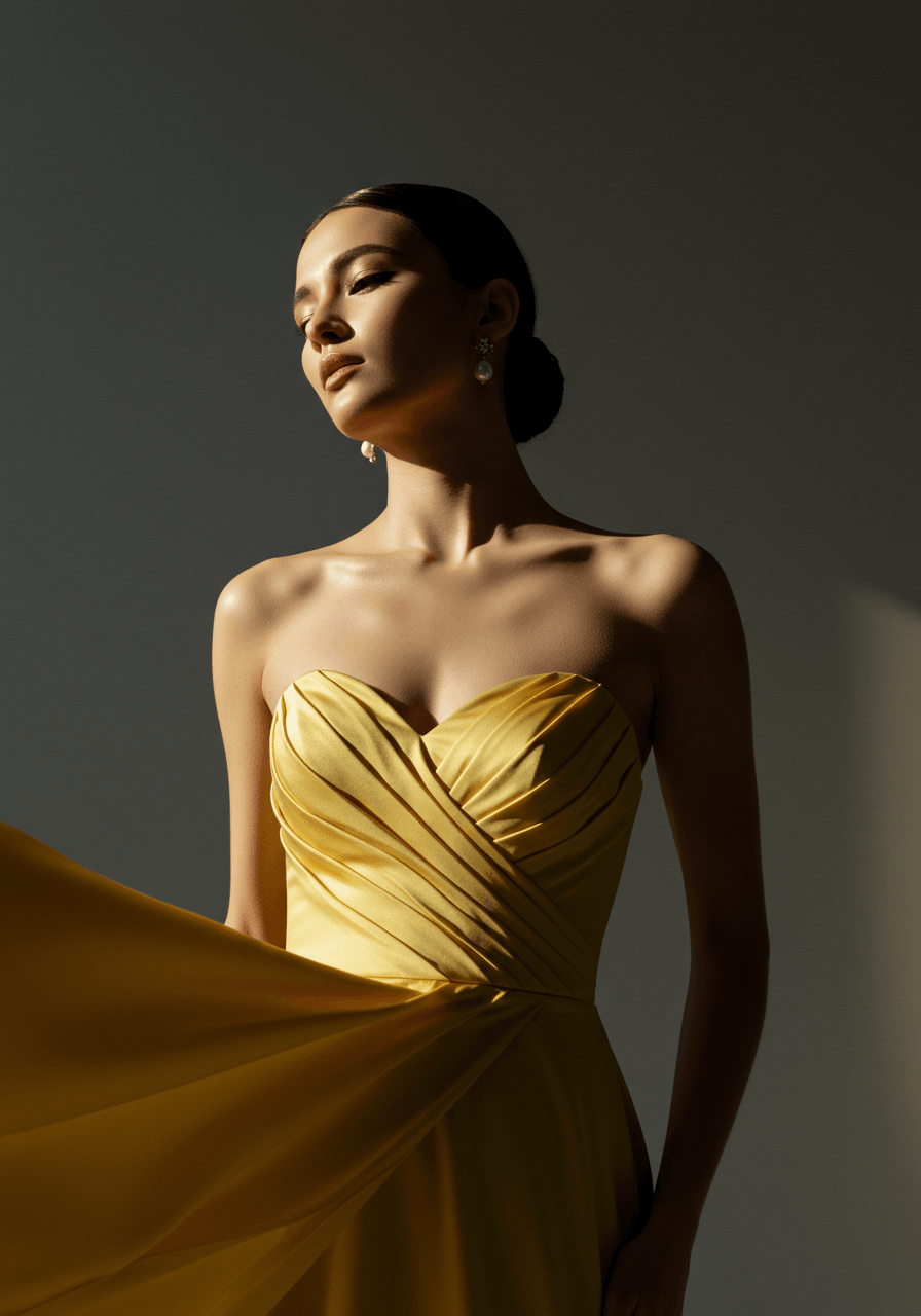 Close-up portrait highlighting sweetheart neckline detail and fabric quality