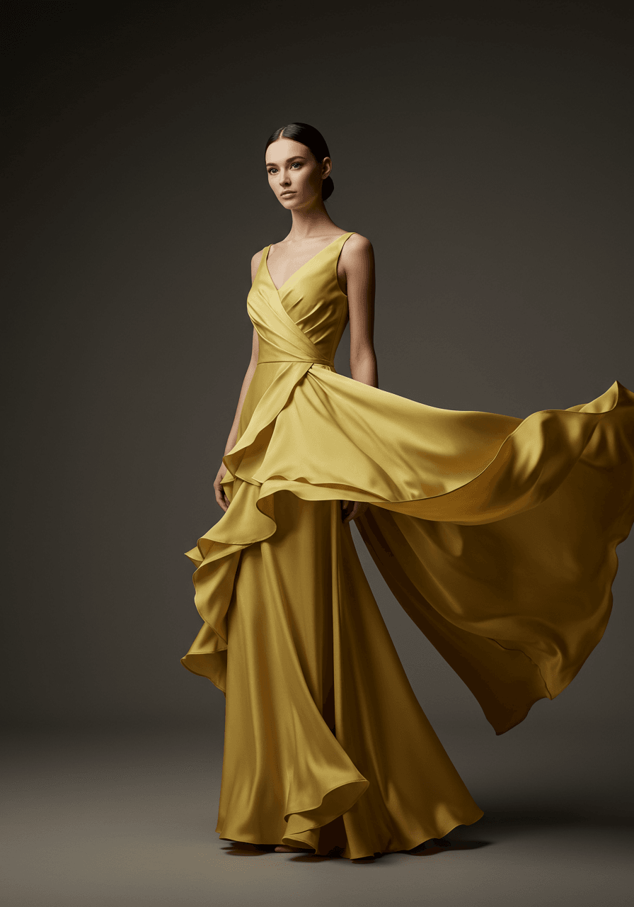 Model in soft yellow silk dress featuring asymmetrical ruffled hemline