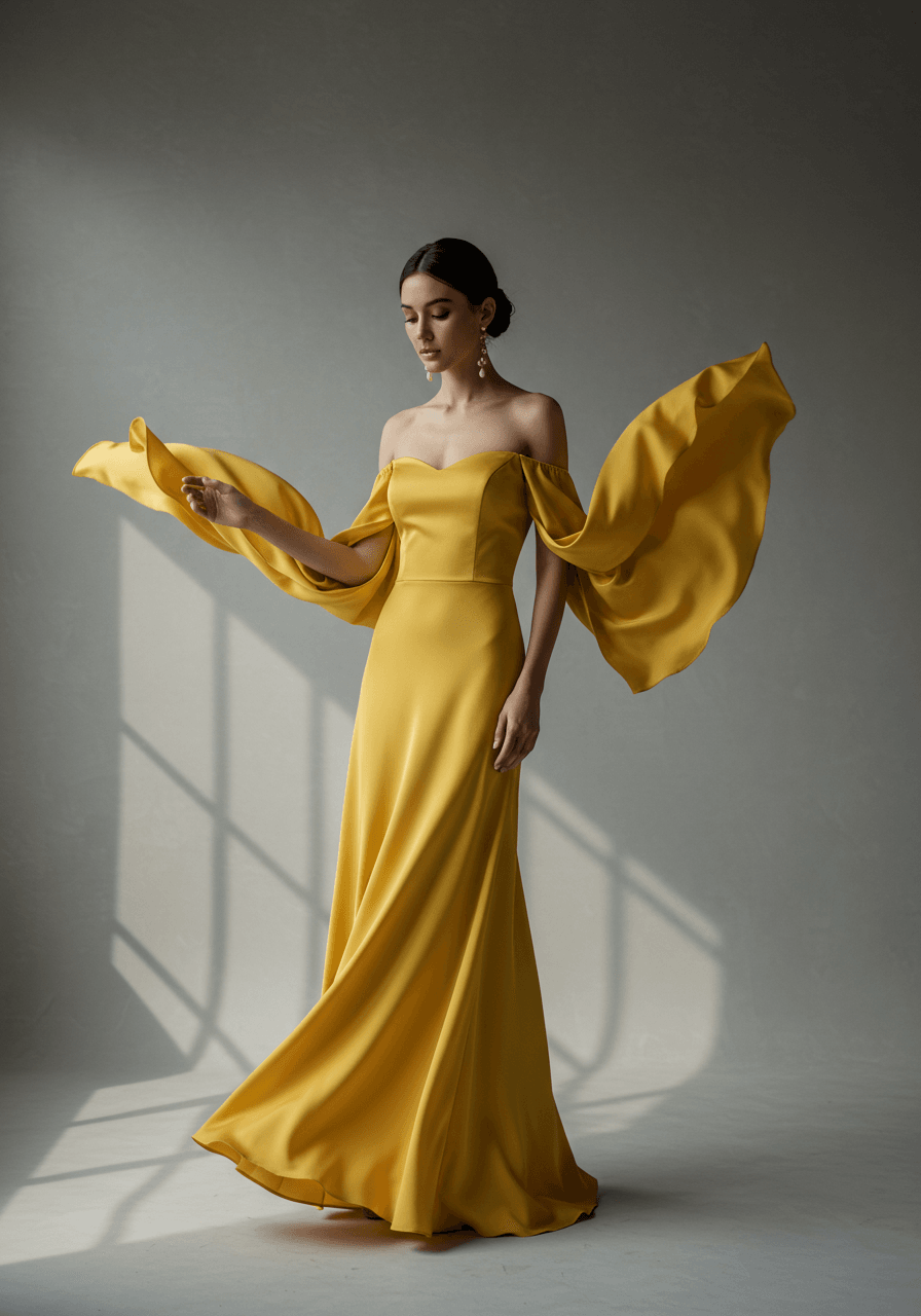 Model in sunflower yellow off-shoulder gown with flowing sleeve details