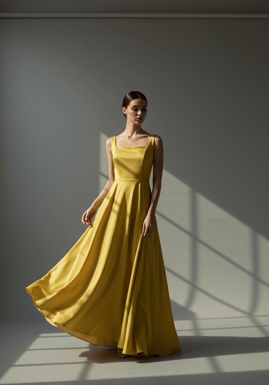 Model in yellow silk A-line gown featuring modern square neckline