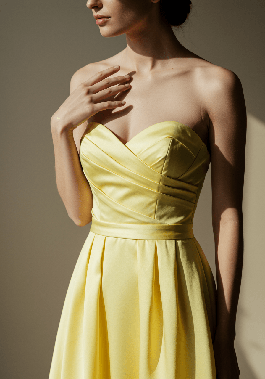 Model gracefully touching bodice of sweetheart neckline gown