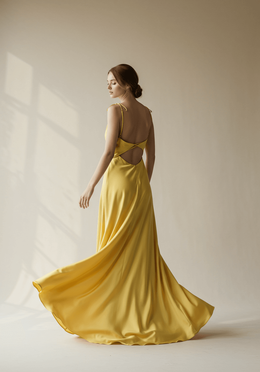 Over-shoulder pose highlighting open-back design and graceful neckline