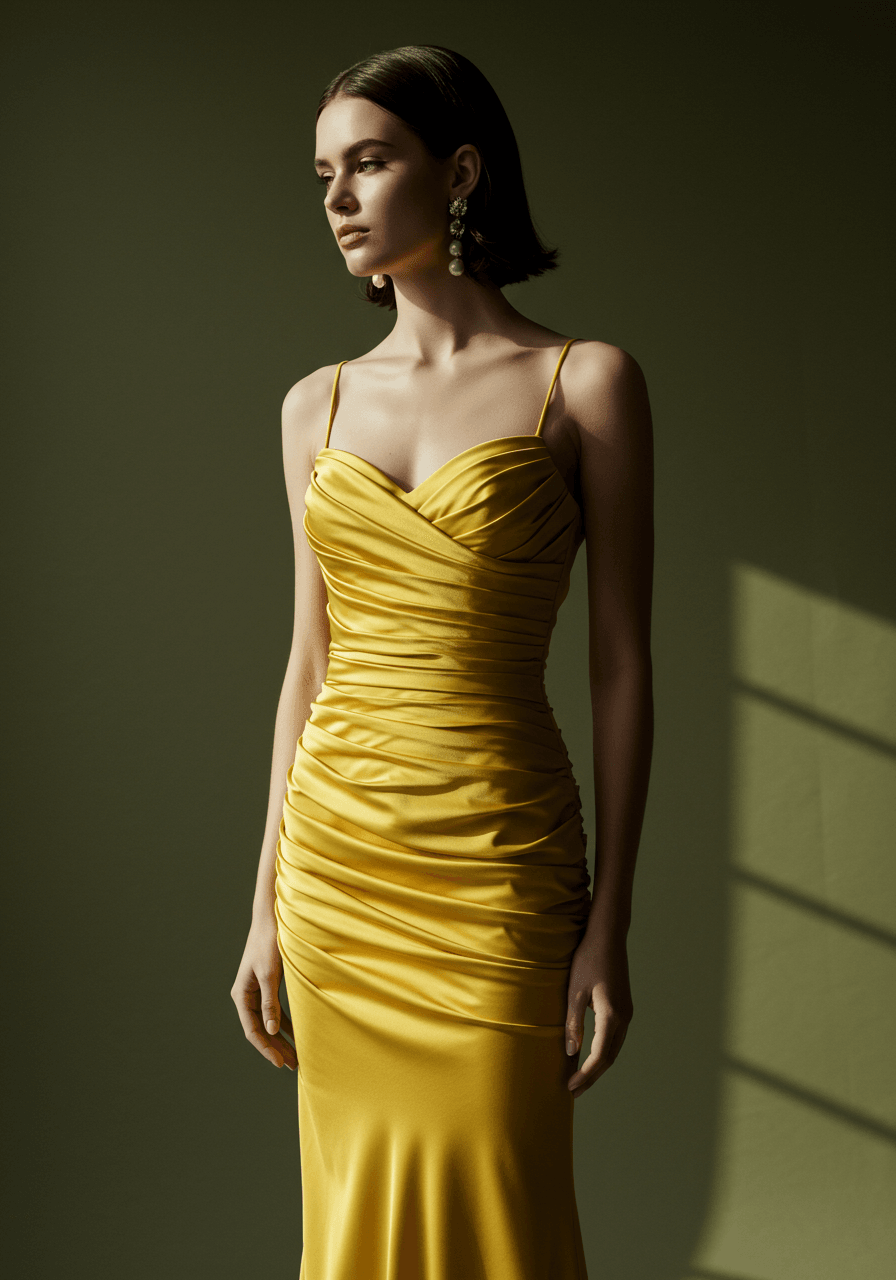 Studio pose highlighting column gown's sleek silhouette and ruched detailing