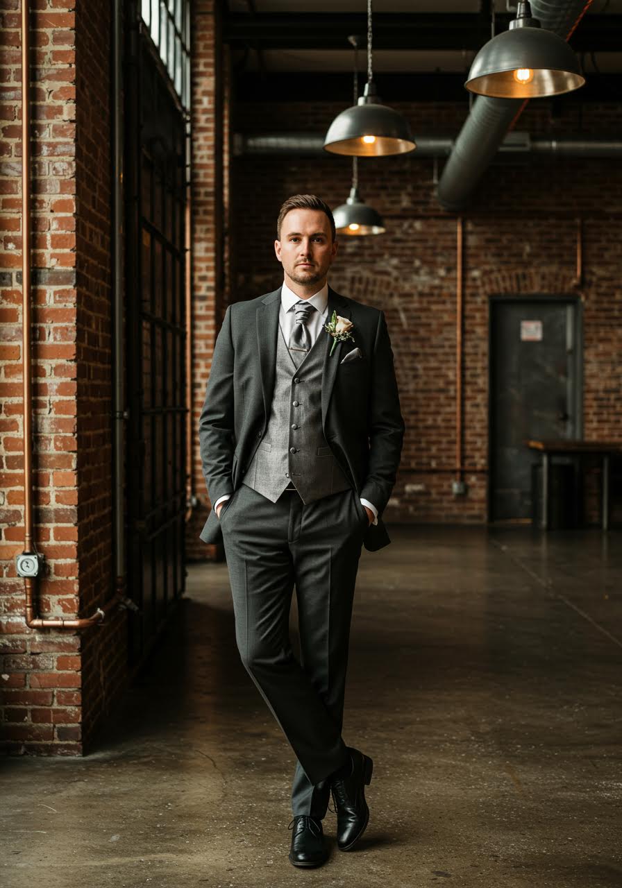 Stylish groom in charcoal three-piece with silver metallic waistcoat against exposed brick in urban loft