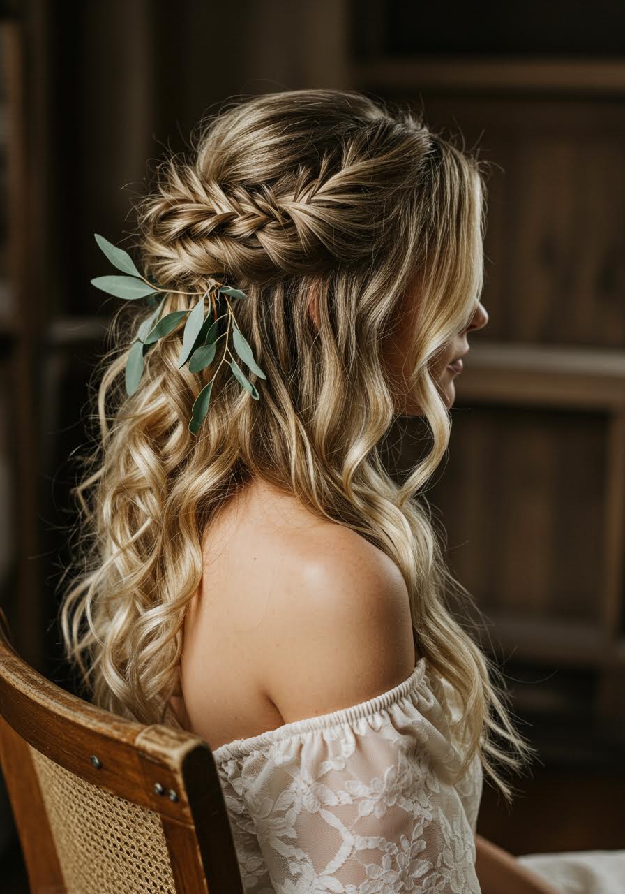 Profile view of bohemian bride with textured braids in rustic setting