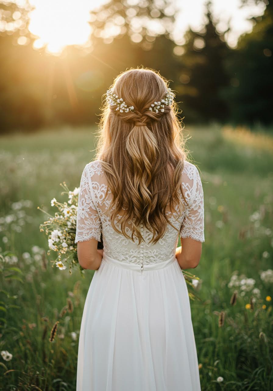 Bohemian bride with loose waves half up style in meadow setting