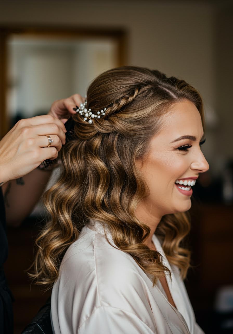 Stylist adding final touches to textured wave hairstyle in silk robe