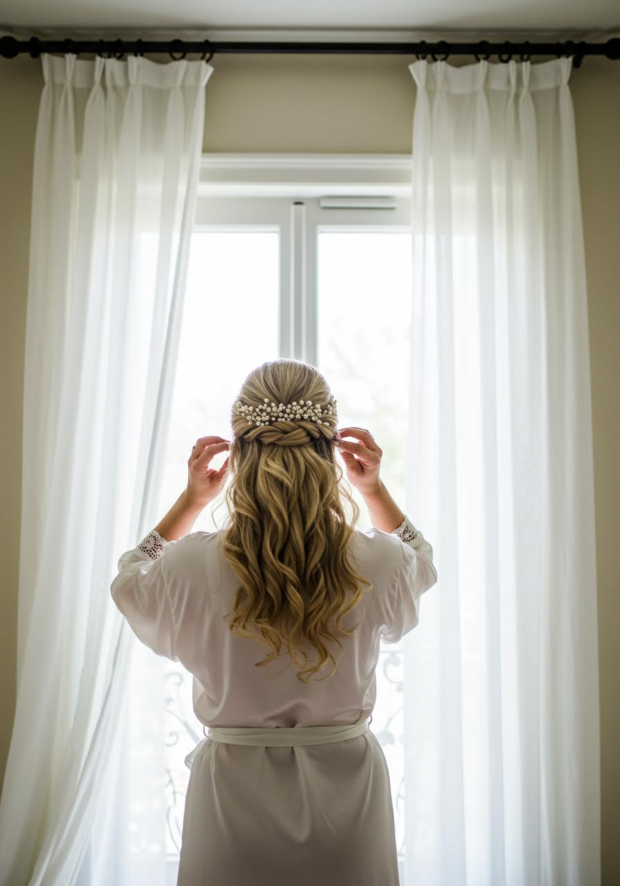 Full bridal portrait showcasing pearl hair pins in luxurious suite setting