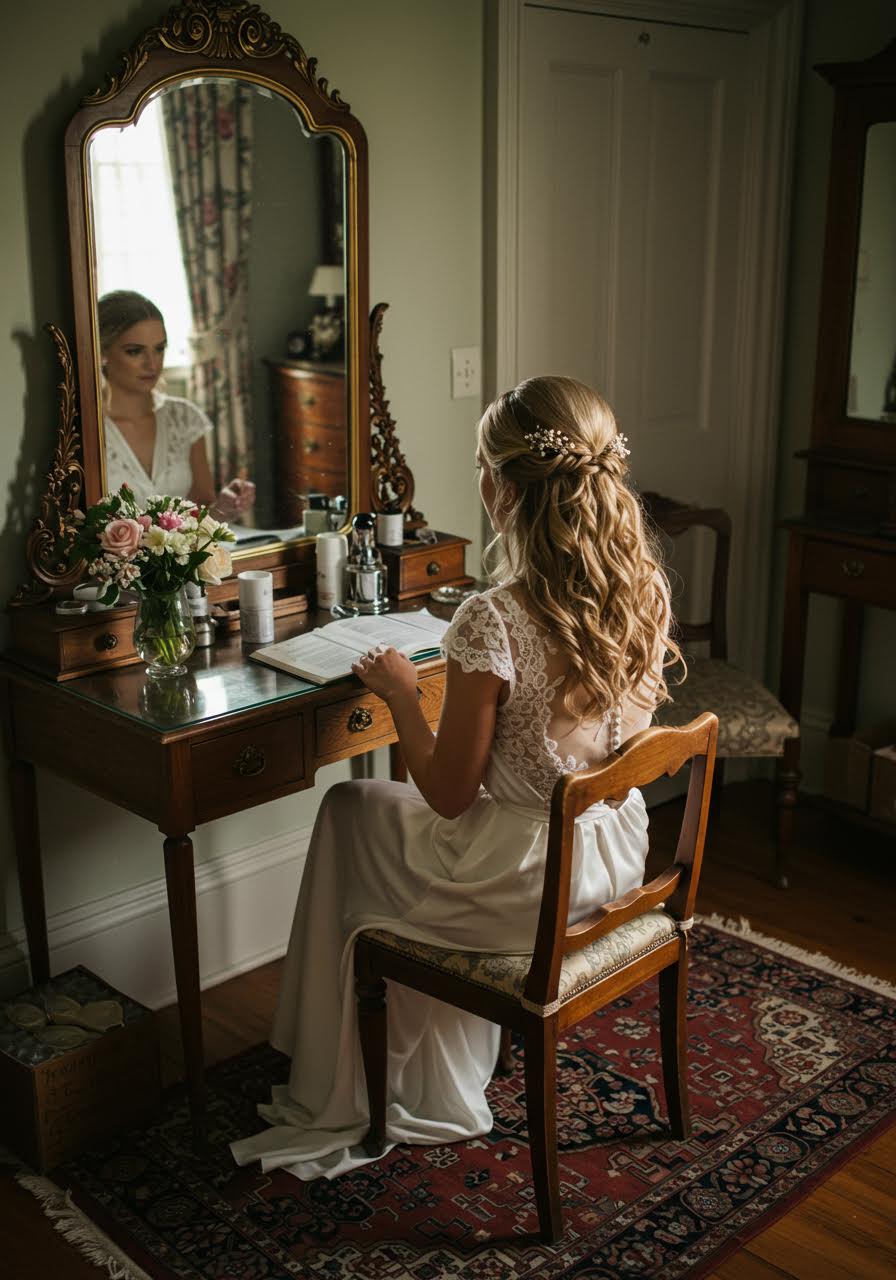 Wide view of bridal suite preparation with elegant twisted hairstyle