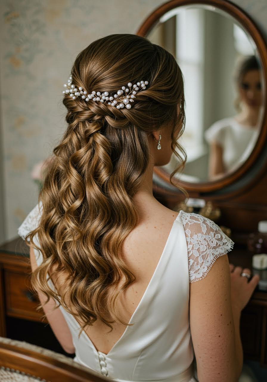 Bride at vanity mirror with twisted side half up hairstyle during preparation