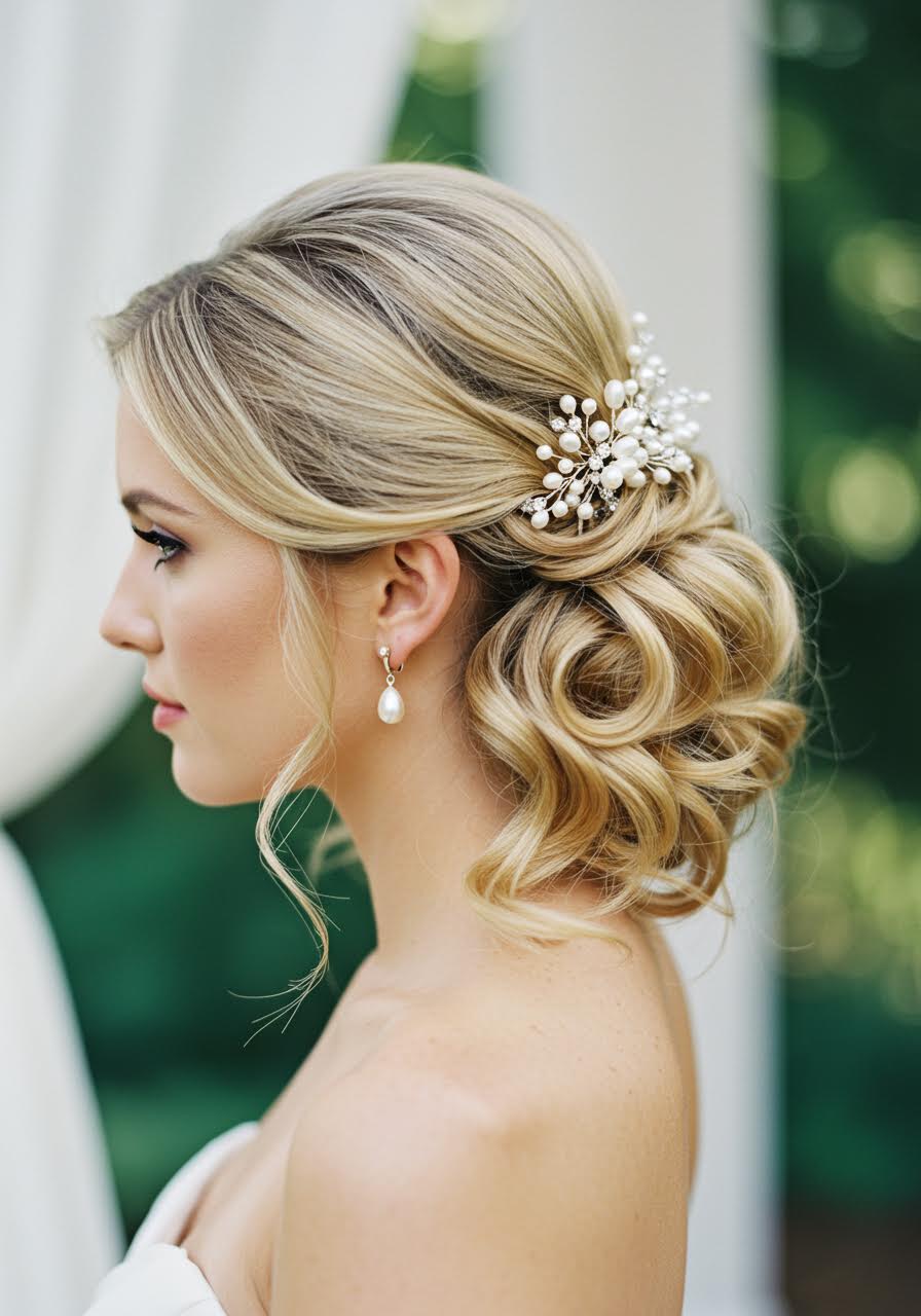Beauty shot of bride with pearl-enhanced face-framing curls