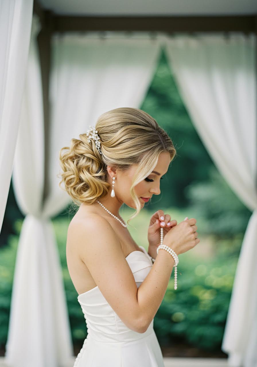 Portrait of bride adjusting bracelet with romantic curl styling