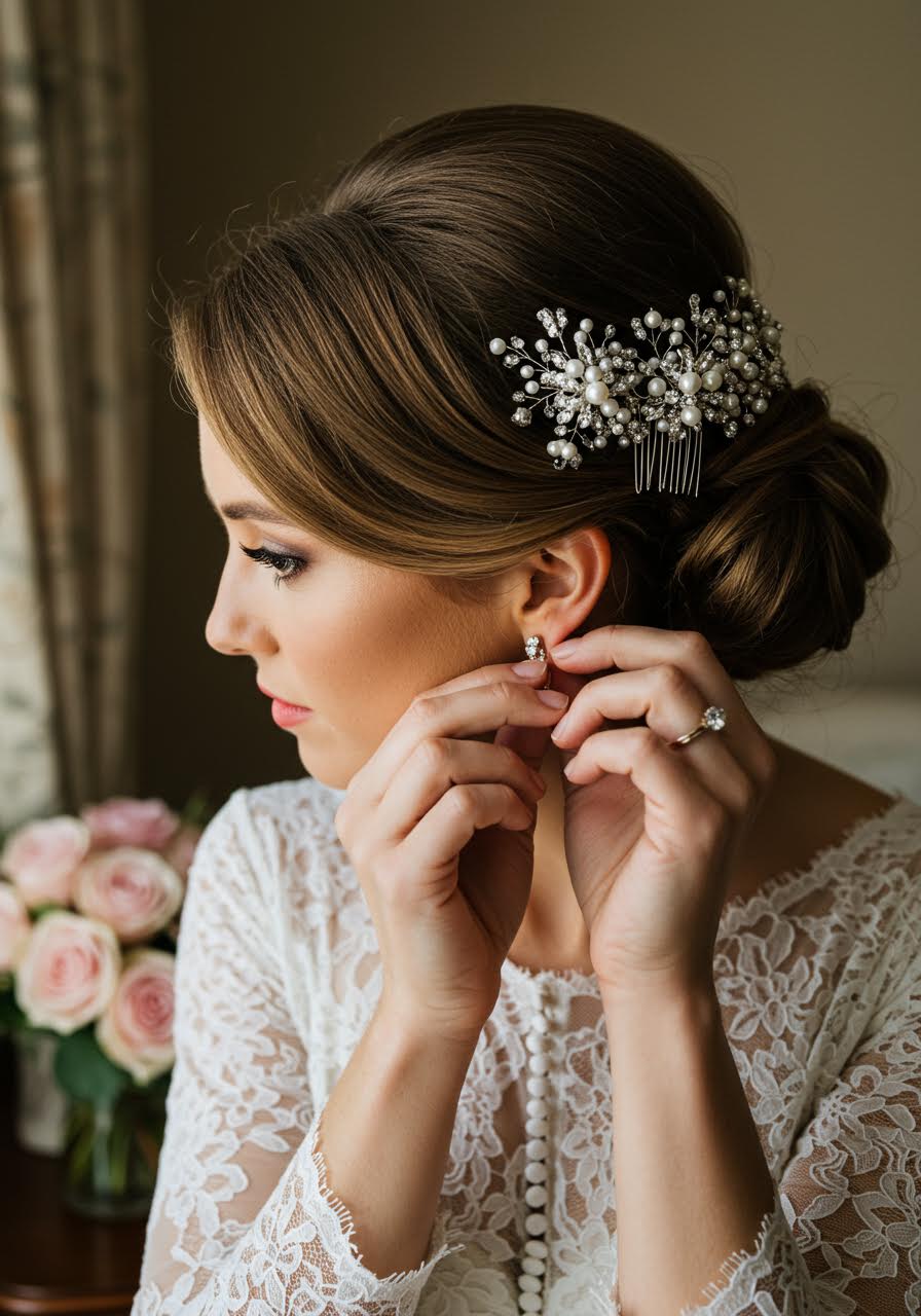 Front view of bride adjusting earrings with vintage comb hairstyle