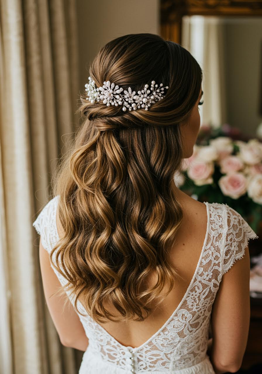Bride with vintage hair combs half up style viewed from behind in suite