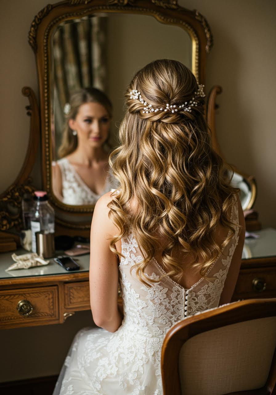 Bride with soft curls half up hairstyle sitting at vintage vanity in golden hour light
