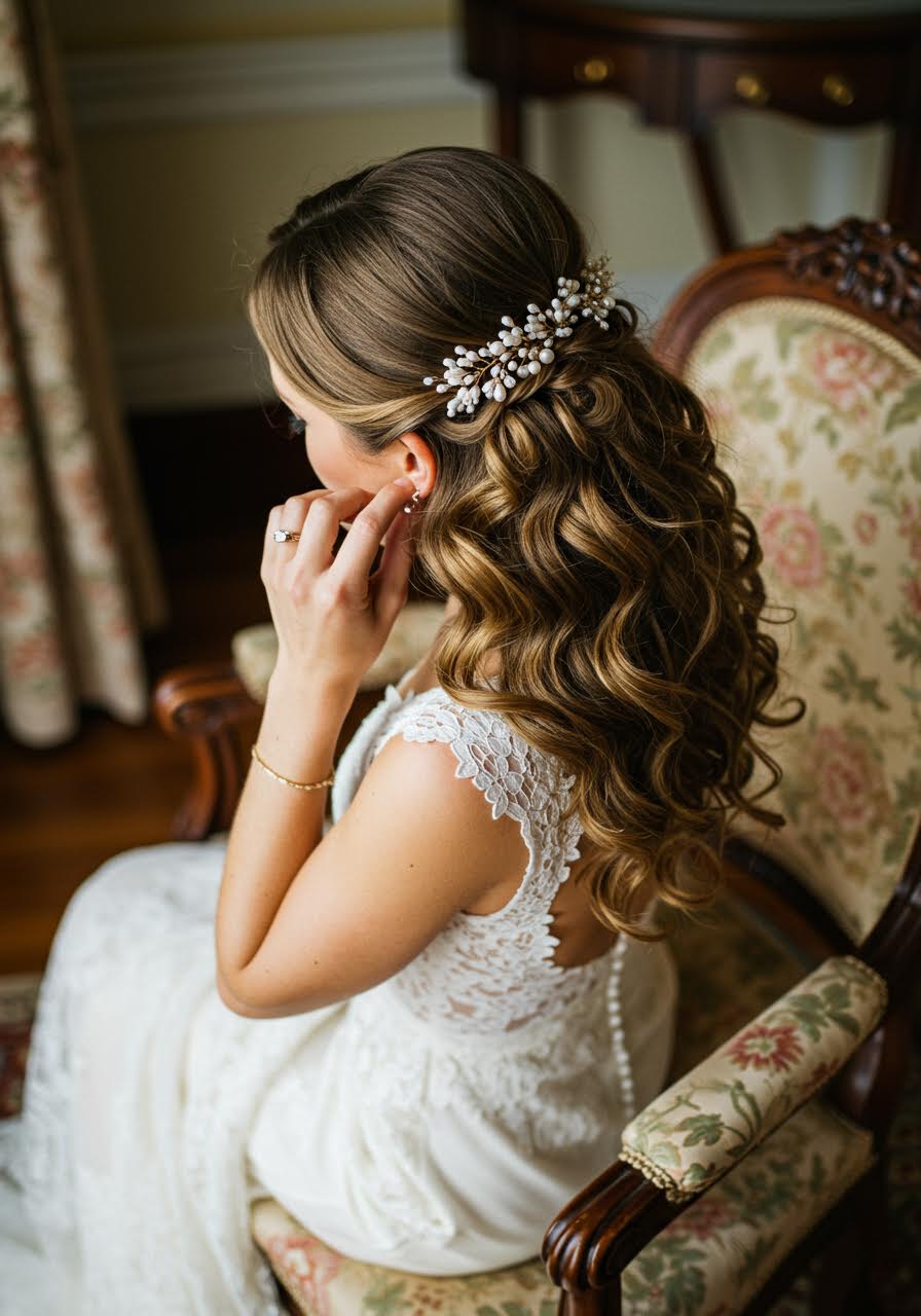 Elegant bridal preparation scene with vintage styling and romantic curls