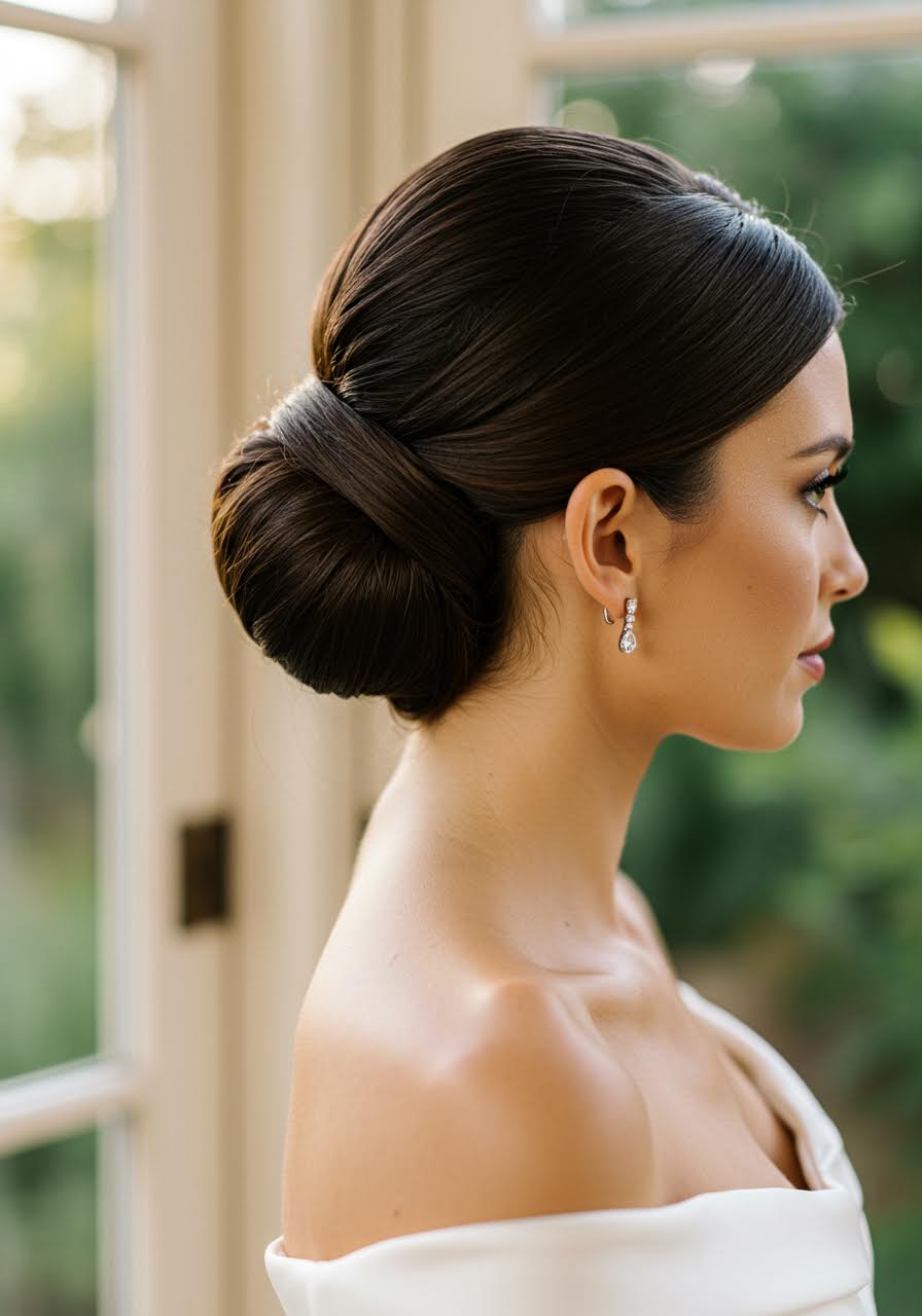 Detail shot of sculptural low bun with sleek styling in golden light
