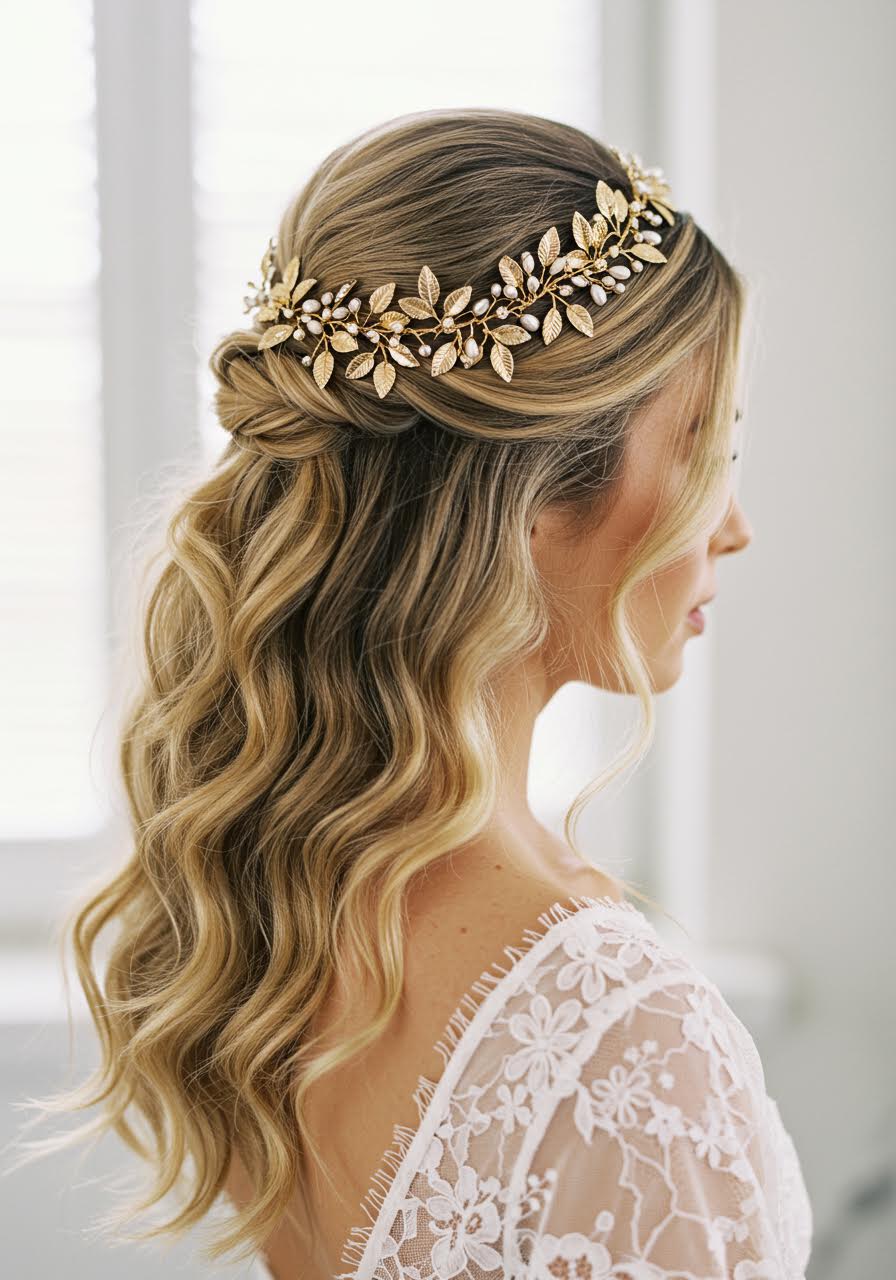 Profile close-up of bride with delicate gold hair vine half up styling