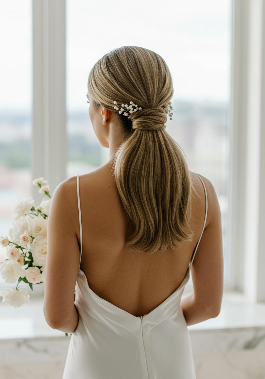 Elegant bride with sleek low bun half up hairstyle in modern suite