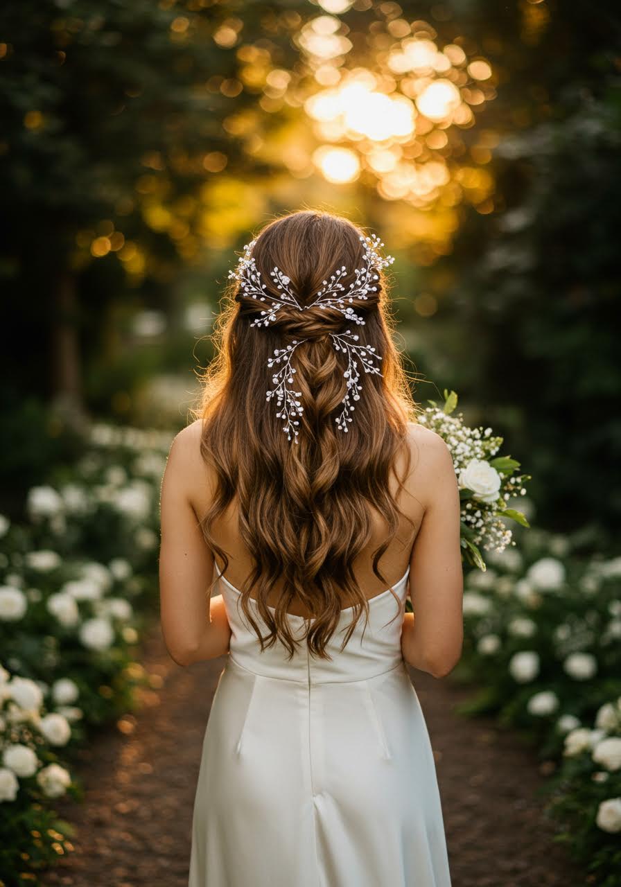 Bride pausing among garden flowers with delicate hair vine styling