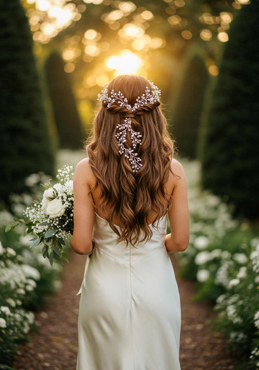 Enchanting bride with silver hair vines walking garden pathway