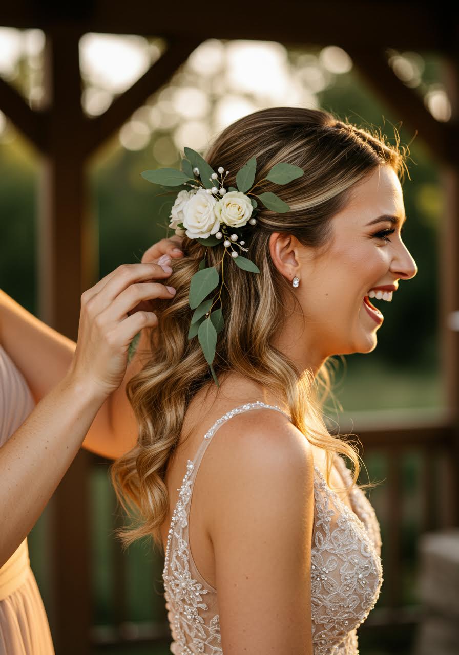 Close-up of bride adjusting eucalyptus and flower hair accessories
