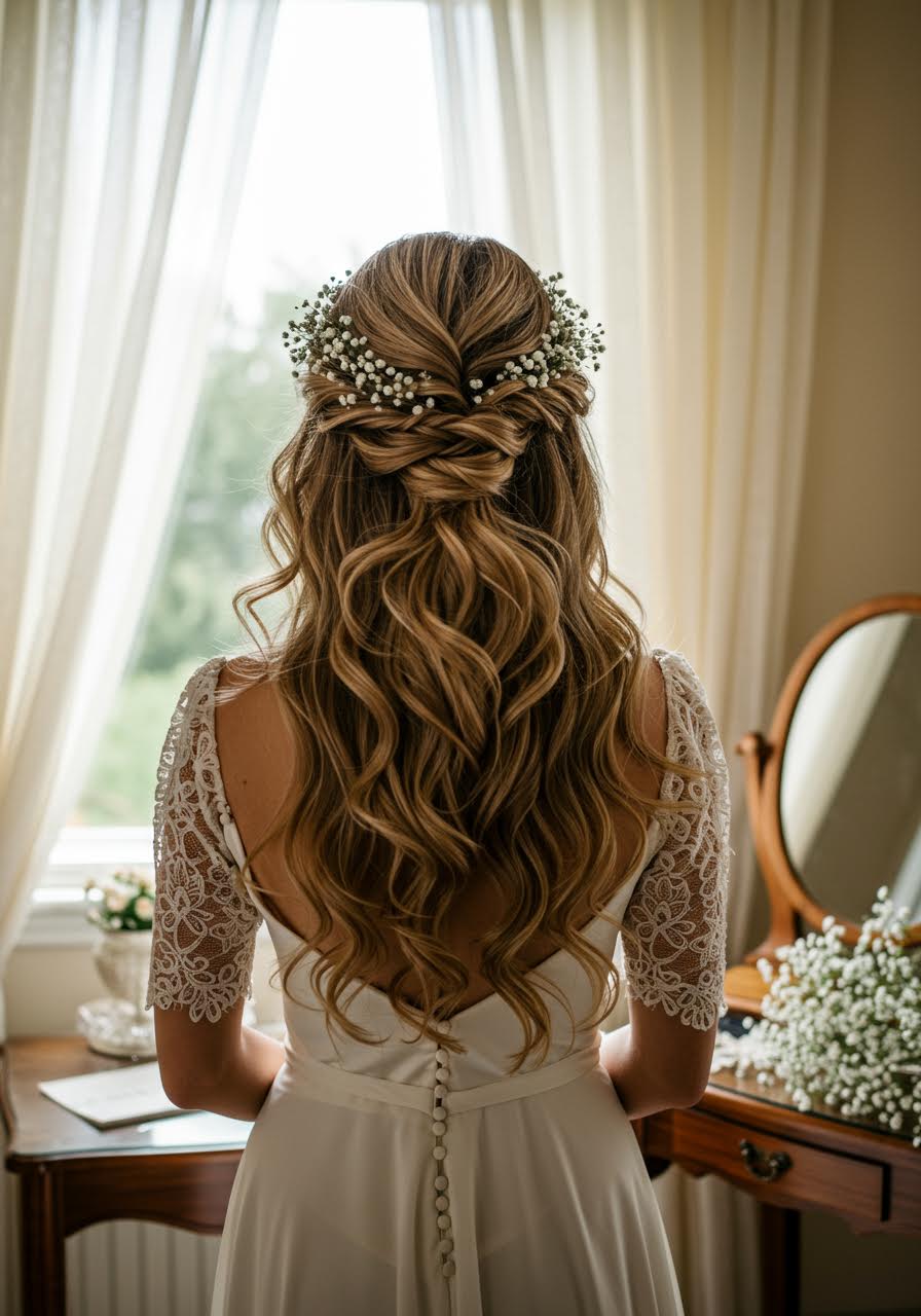 Bride with textured waves half up hairstyle in golden hour suite lighting