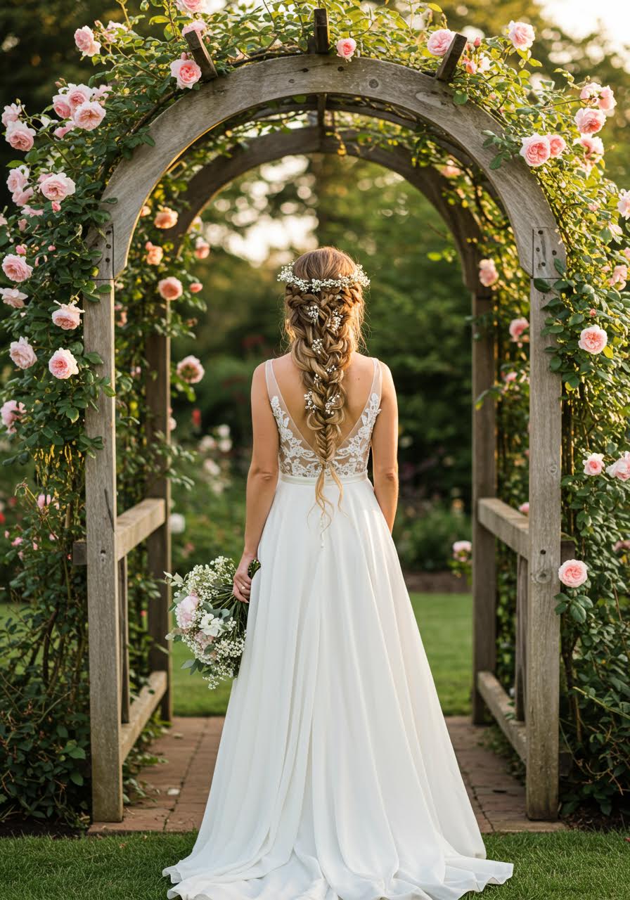 Bride with braided crown half up hairstyle in elegant pavilion setting